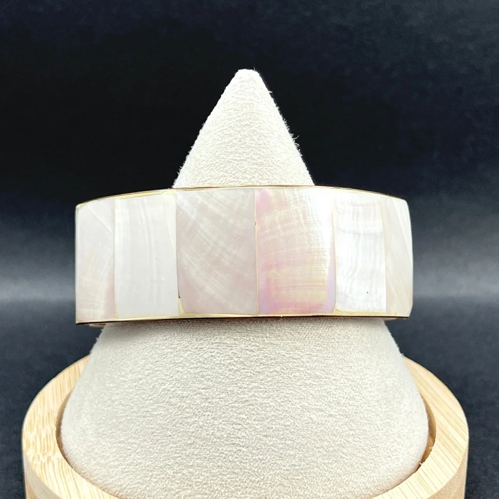 Vintage Bangle Bracelet Mother of Pearl Shell Inlay White Iridescent